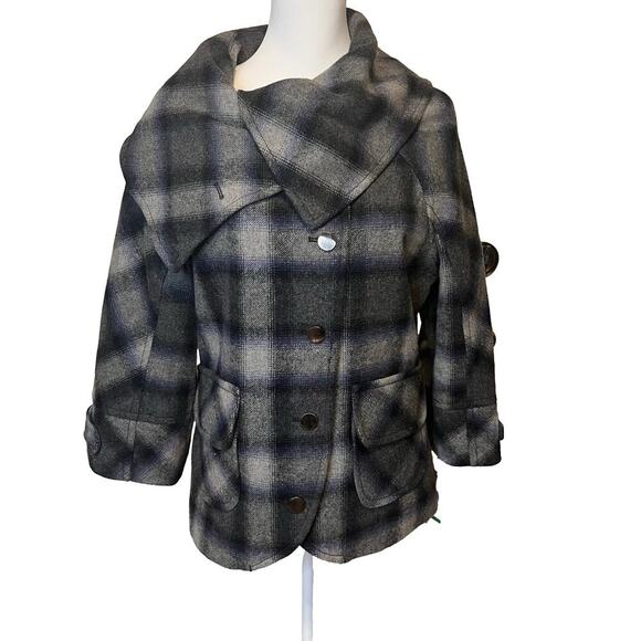 DKNY wool winter coat L plaid shawl collar classic warm jacket elegant trendy - Picture 2 of 8